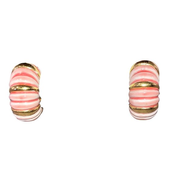 Gold Tone and Pink Enamel Half Hoop Earrings